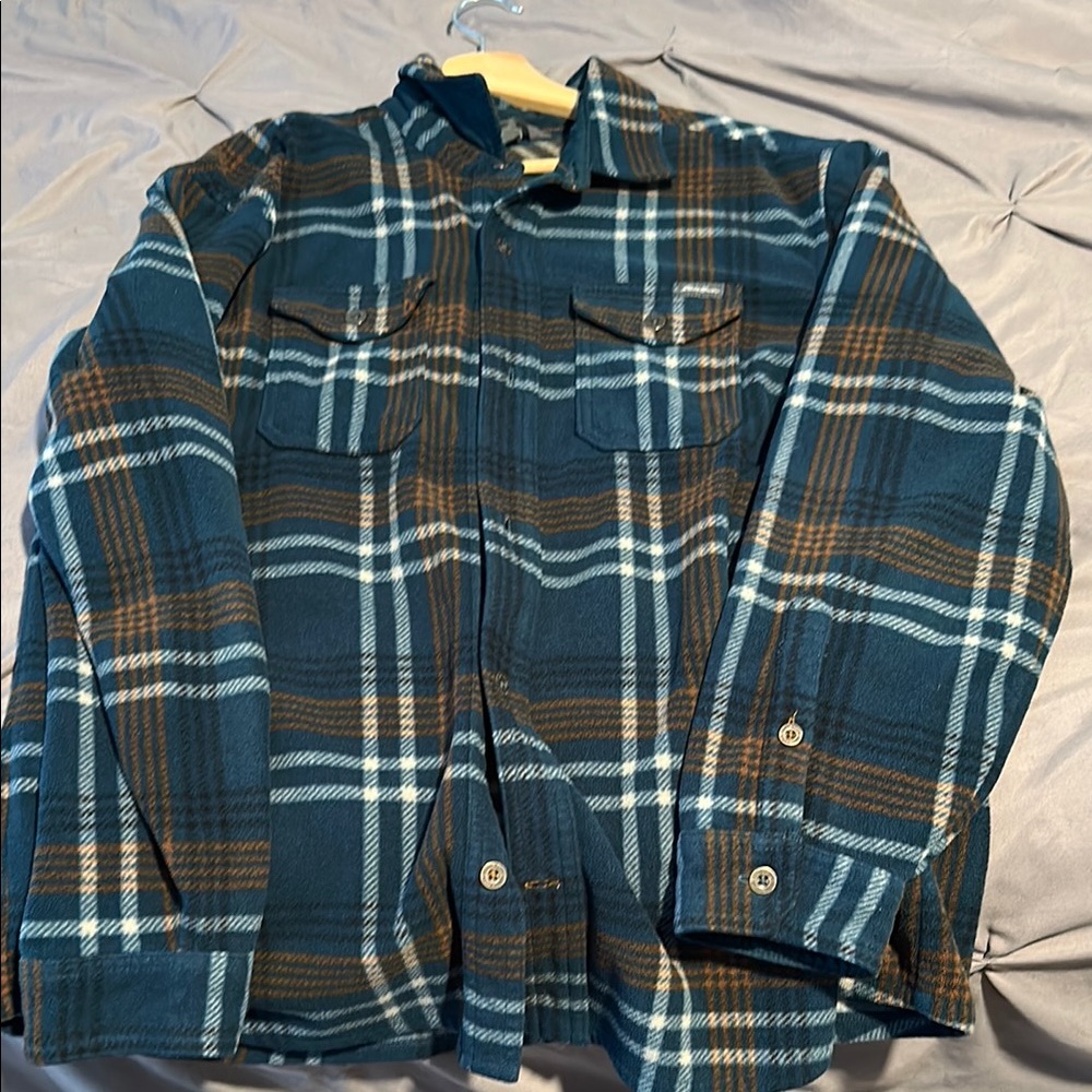 Eddie Bauer Blue and Brown Button Down Over Shirt